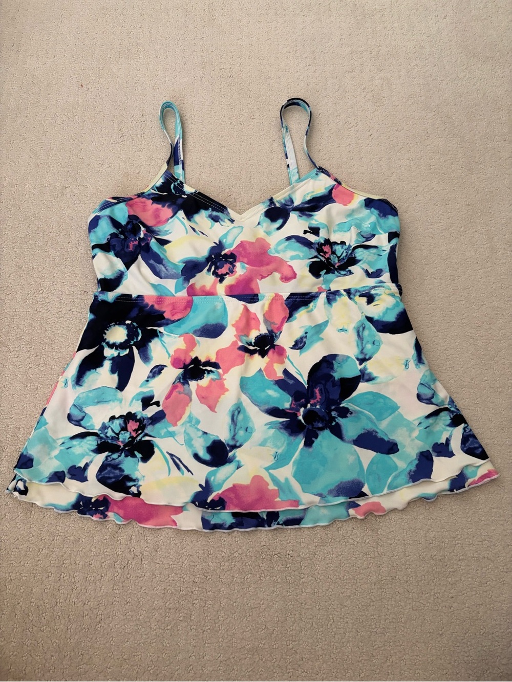 Women’s Swim Top Floral V-Neck Spaghetti Strap Teal & Pink Built in Bra Size 14